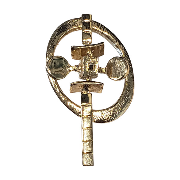 Vintage Modernist Abstract Space Satellite Gold Tone Brooch Pin Texture - Picture 1 of 7